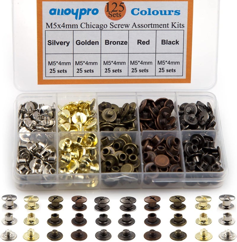 ALLOYPRO 125 Sets Chicago Screws Assorted Kit 5 Color Leather Rivets Screw Rivets Flat Fillister Book Binding Posts Nail Rivet Chicago Bolts for DIY Leather Craft Black Silver Golden Bronze (Colours 5×4mm) - Image 1